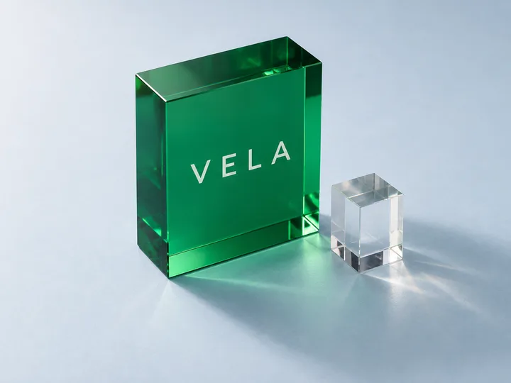 Solid translucent green acrylic block with a white printed wordmark next to a small clear block