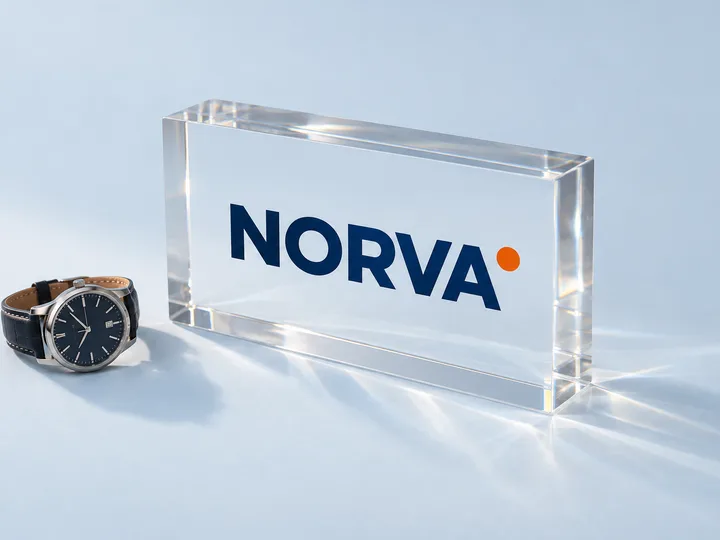 Thick clear acrylic counter block UV-printed with a two-color brand mark, a wristwatch beside it