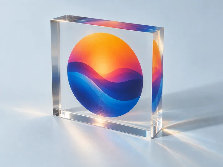 Clear acrylic block reverse-printed with a full-color gradient emblem that reads through the polished front