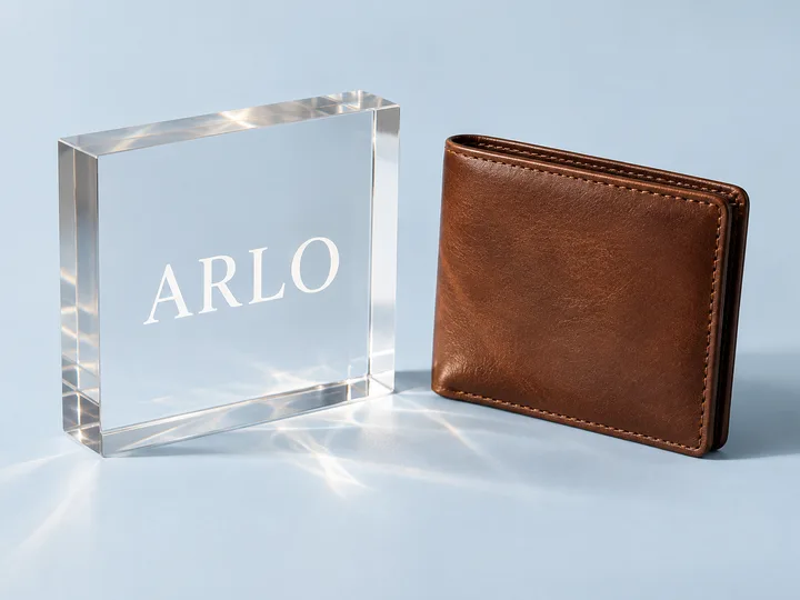 Clear acrylic block with a crisp white silk-screened wordmark beside a leather wallet