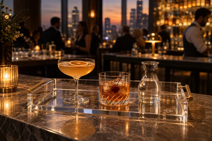 Clear acrylic serving tray with brass bar handles on the outside of both short ends, carrying cocktails and a carafe on a hotel bar
