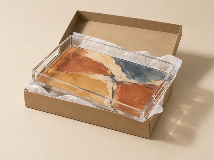 Acrylic art tray with an abstract painting printed on the floor, lifted out of a kraft gift box