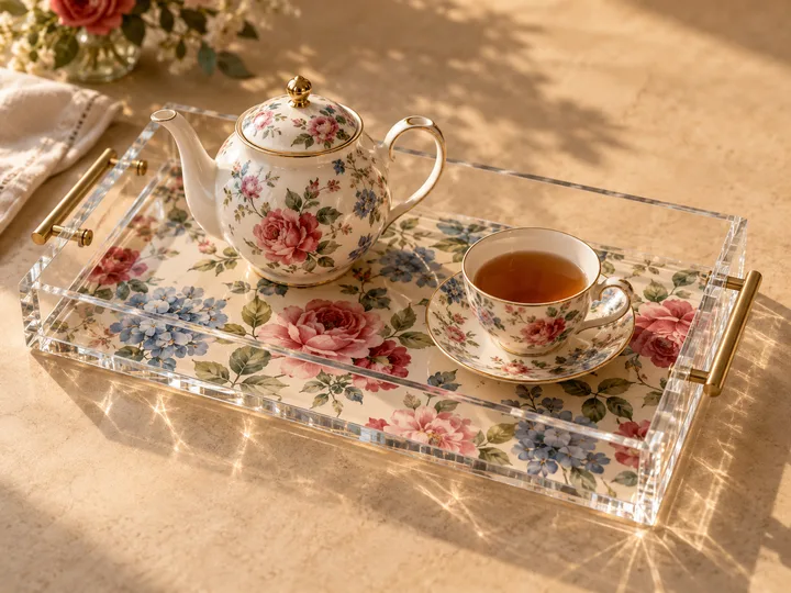 Clear acrylic tray with a full-color botanical print on the floor and brass handles on the short ends, holding a teapot