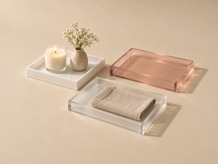 White, frosted and blush-pink acrylic trays holding a candle, a vase and a linen napkin