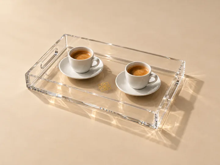 Clear acrylic serving tray with a gold foil-stamped crest on the floor, holding two espresso cups
