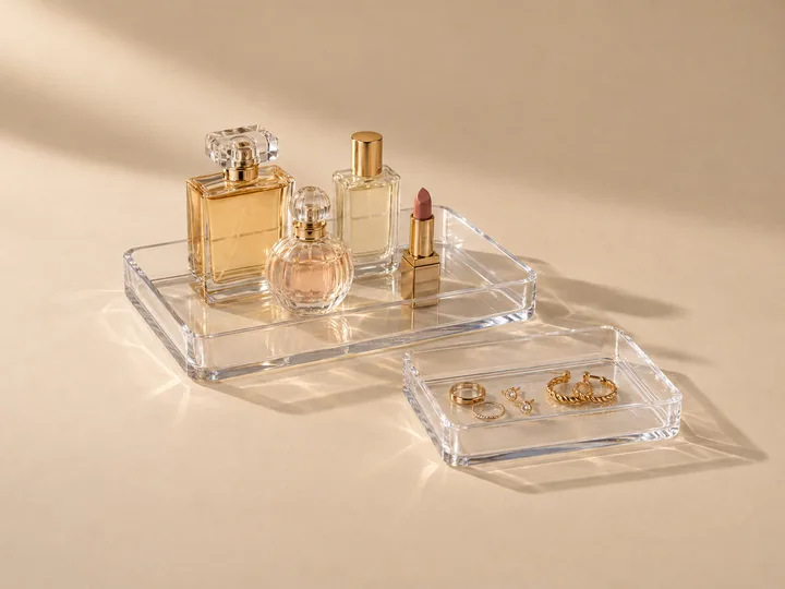 Two handleless clear acrylic vanity trays holding perfume bottles, rings and earrings
