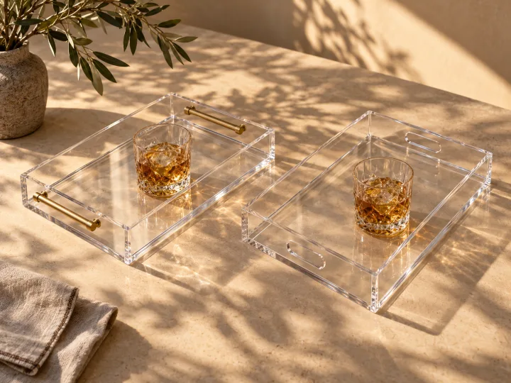 Clear acrylic tray with brass bar handles on the short ends beside a tray with cut-out slot handles