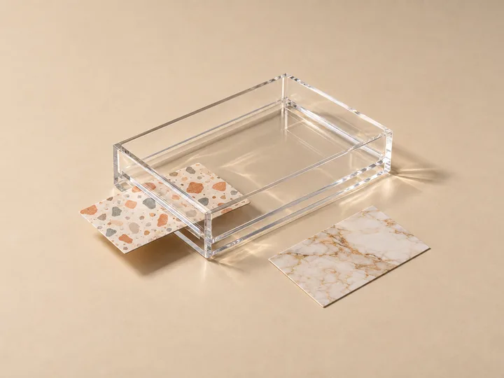 Clear acrylic tray with a double floor and a printed art card sliding into the slot