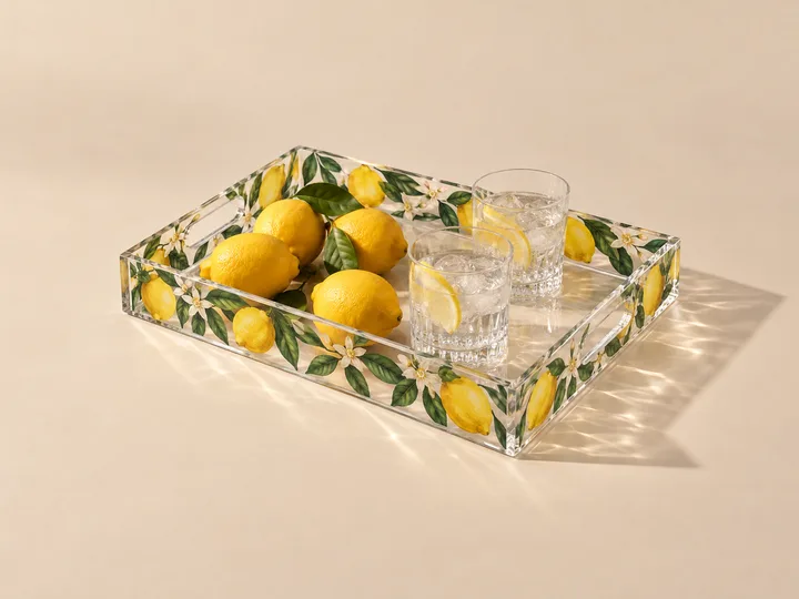 Clear acrylic tray with a lemon-pattern print wrapped around its outer walls, holding lemons and glasses