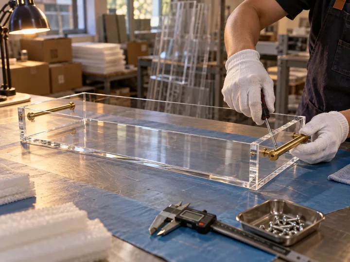 Worker screwing a brass bar handle onto the outside of a clear acrylic tray's short end wall, the matching handle already fitted at the other end