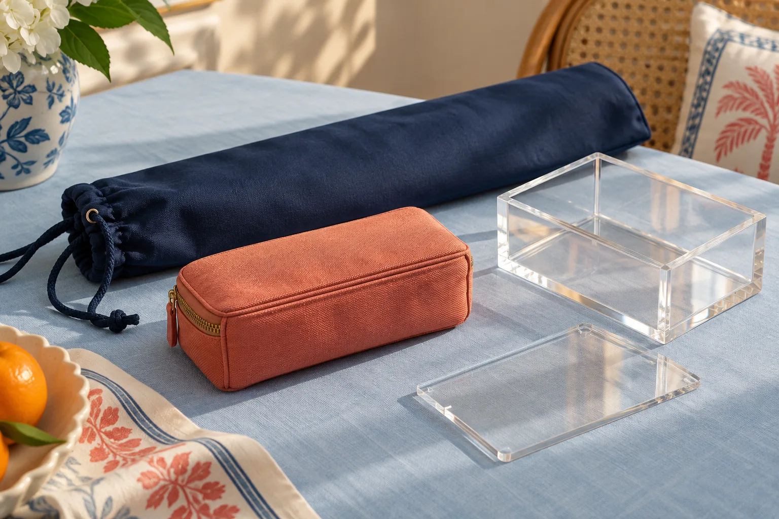 Navy drawstring sleeve, coral zipper pouch and clear acrylic tile box shown as different storage formats