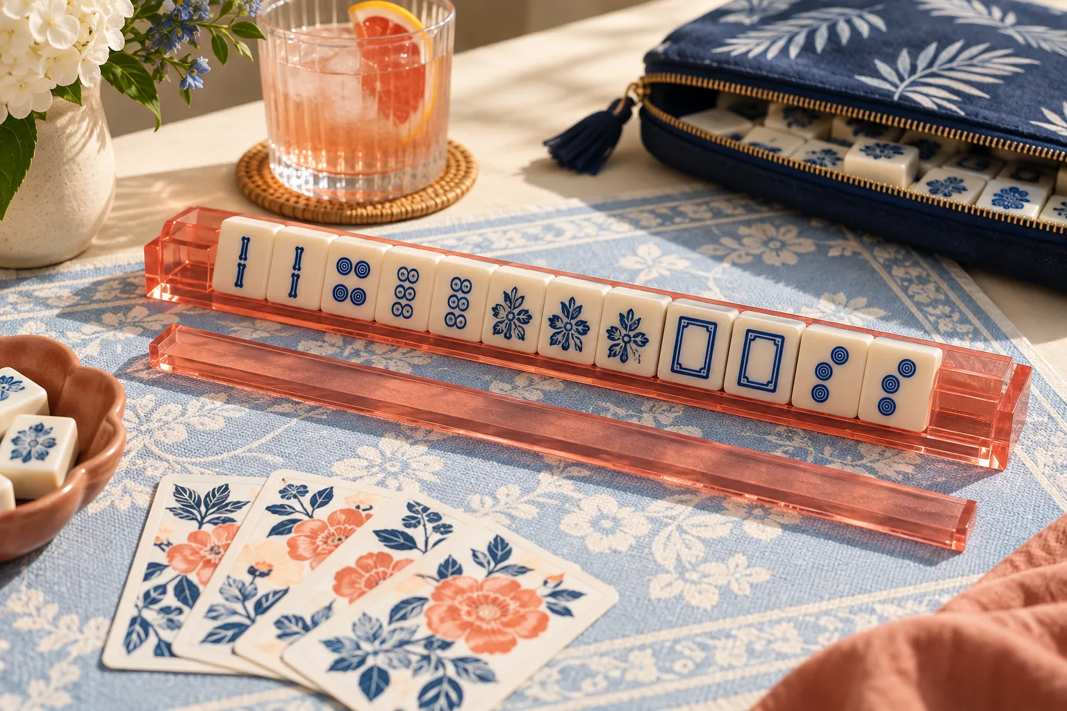 Coordinated coral acrylic rack and pusher, blue playing mat, navy pouch and floral mixing cards