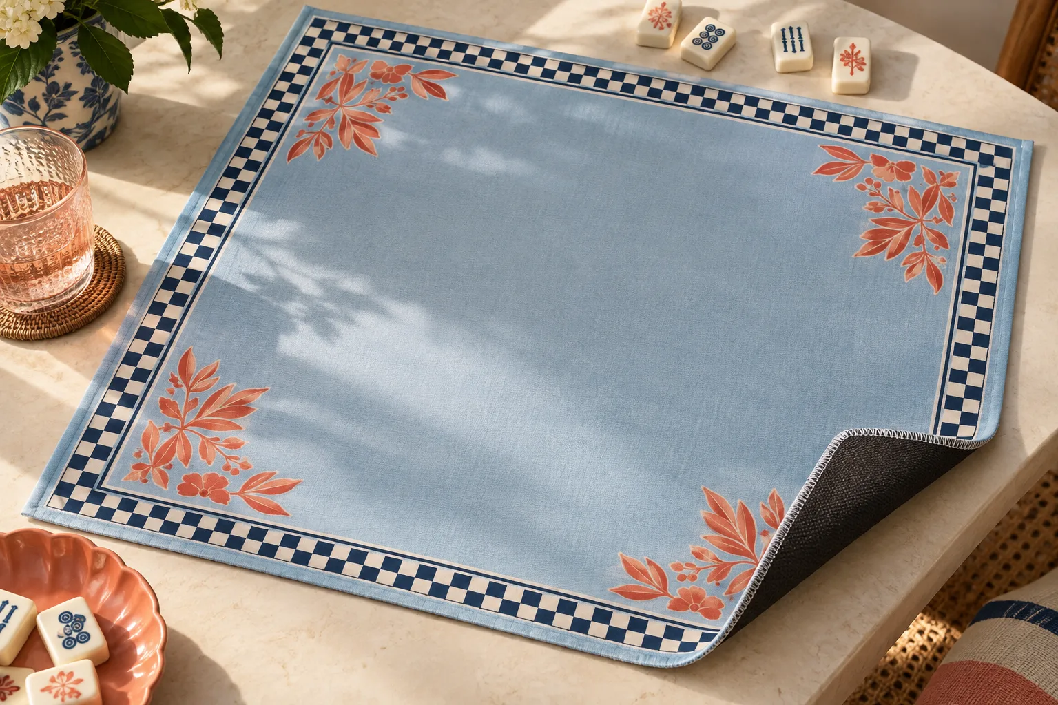 Blue patterned textile mahjong mat with a turned corner showing its black rubber backing