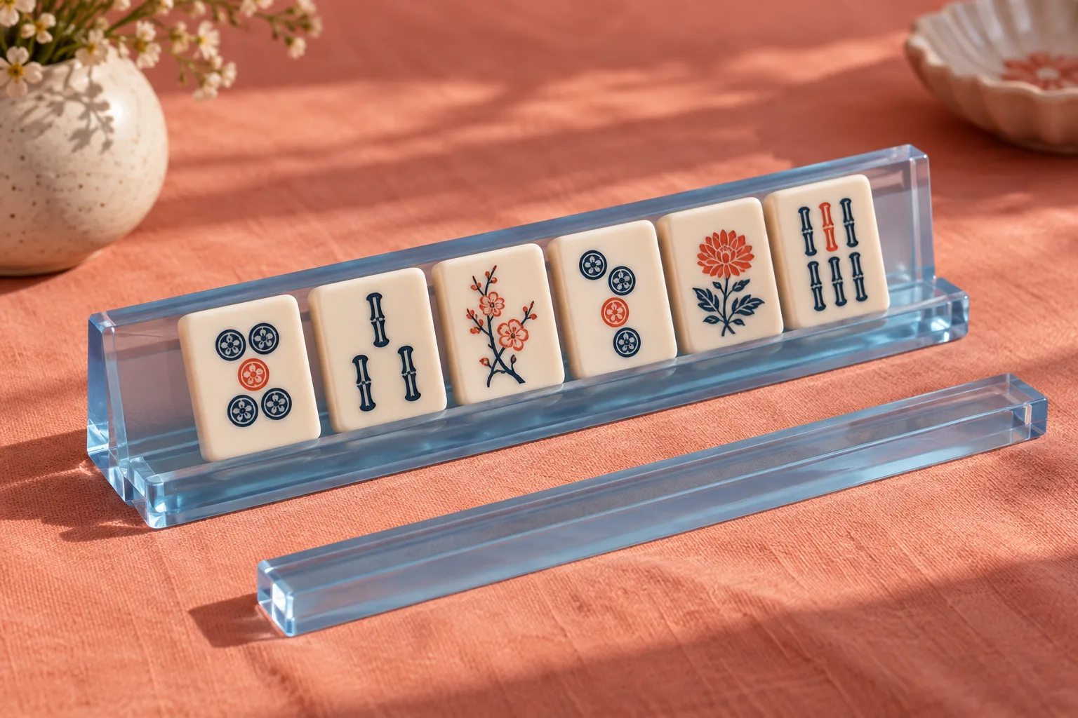 Powder-blue acrylic rack holding ivory tiles, with a separate pusher in front