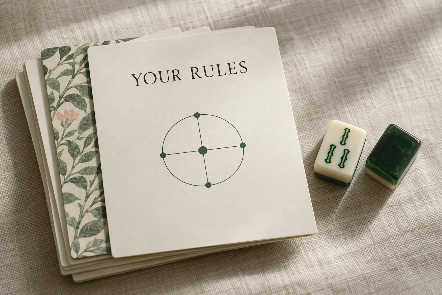 Cream quick-reference cards with botanical backs beside acrylic tiles