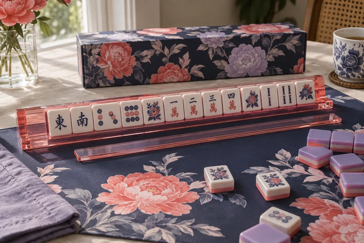 Coral acrylic rack and separate pusher with representative navy-faced tiles, lilac layered tile backs, floral mat and coordinated closed box