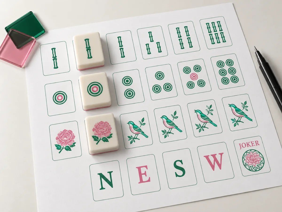 Printed proof sheet showing a grid of green and pink tile-face line art, three ivory sample tiles resting on it, two acrylic color chips and a fine-line pen