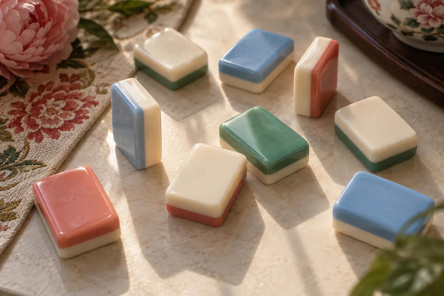Reference illustration of completely unmarked acrylic tile bodies with ivory faces and colored backs