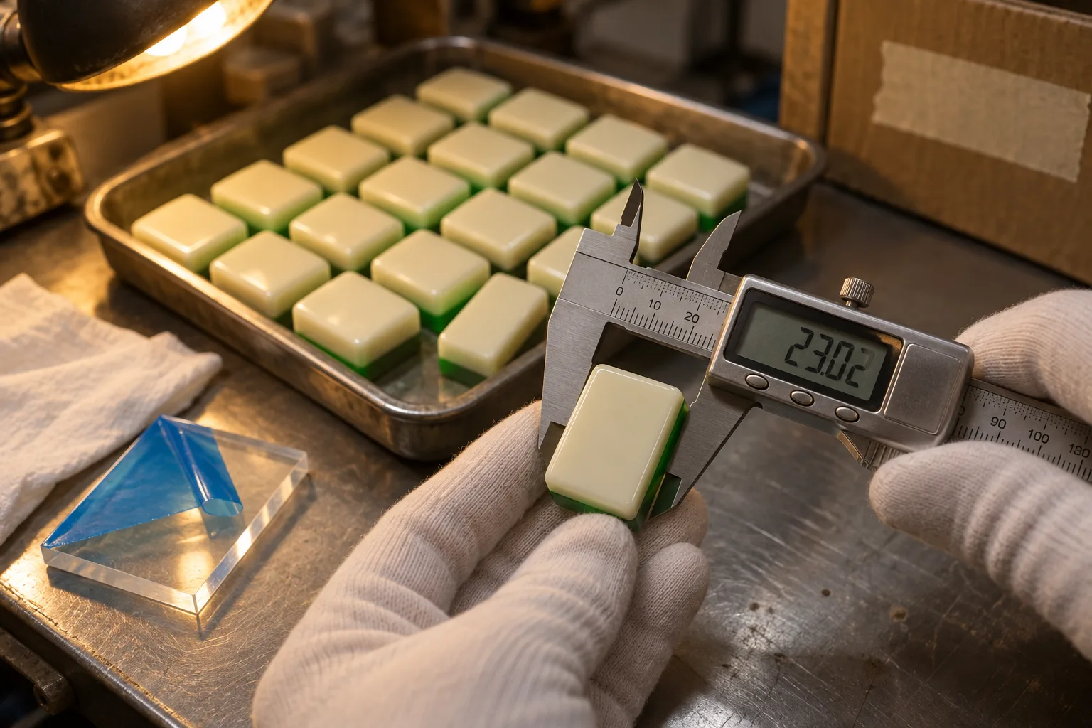 Gloved hands measuring the width of an unprinted two-layer acrylic mahjong tile with a digital caliper beside a tray of identical blank tiles
