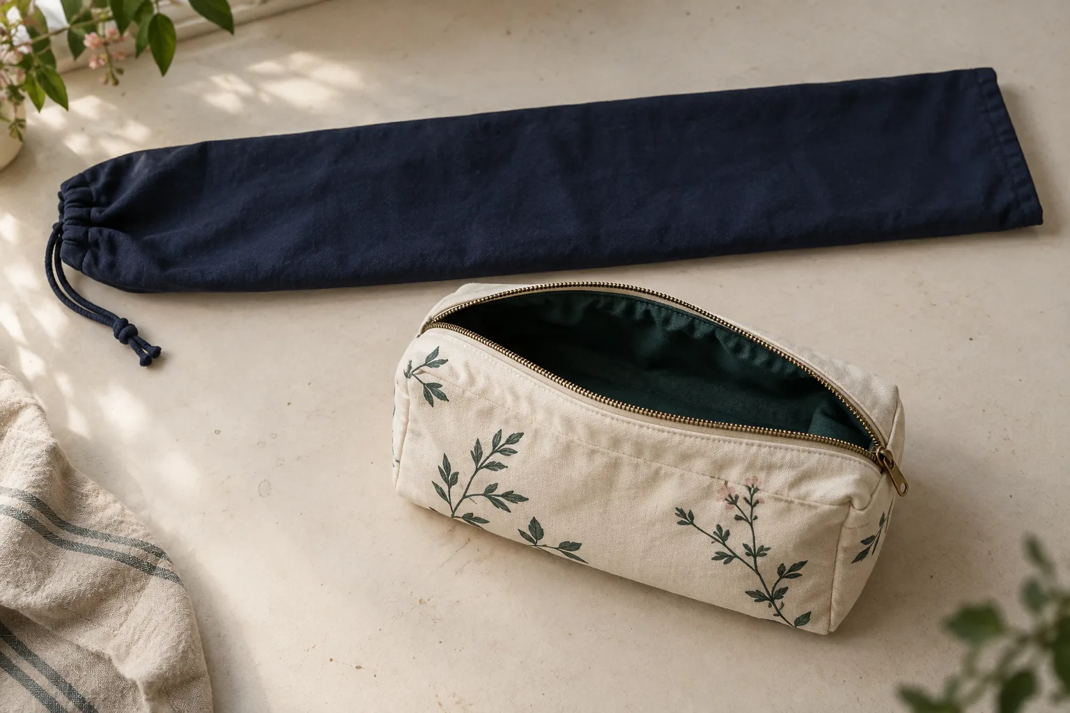 Long navy drawstring sleeve beside a shorter cream padded zippered pouch