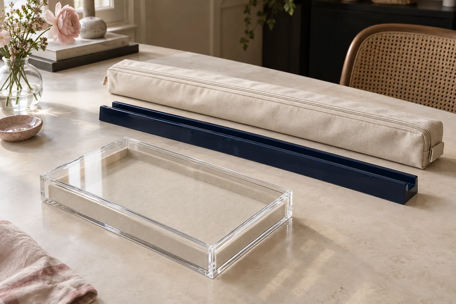 Clear acrylic tile case beside a long navy rack and a longer cream zippered rack bag