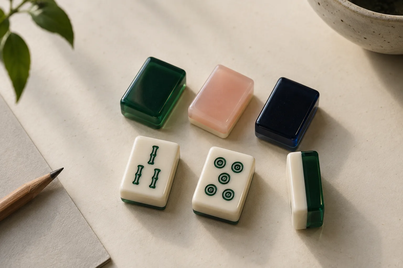 Illustration of custom acrylic mahjong tile faces, colored backs and layered edges