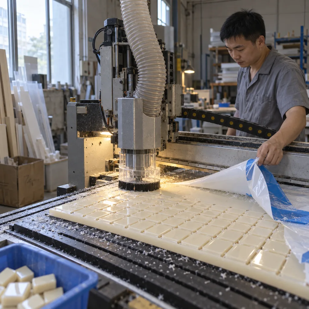Operator unloading freshly CNC-cut ivory acrylic mahjong tile blanks from the cutting bed in the Wetop factory