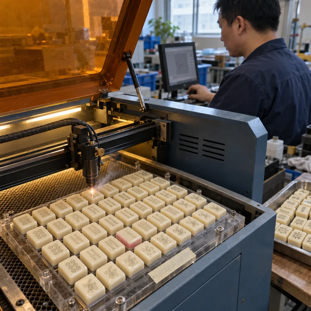 Laser engraver cutting suit characters into a jig of acrylic mahjong tiles while an operator checks the first row