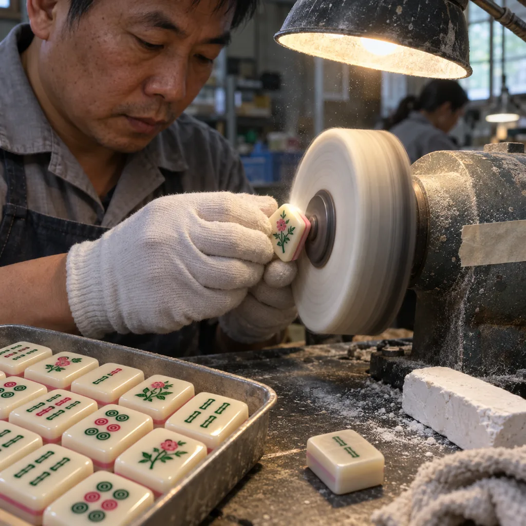 Worker polishing the chamfered edges of acrylic mahjong tiles on a buffing wheel