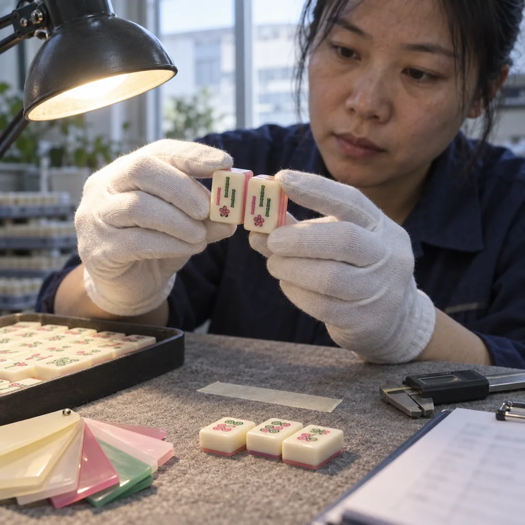 Inspector comparing a finished custom mahjong tile with the approved sample tile under a bench lamp