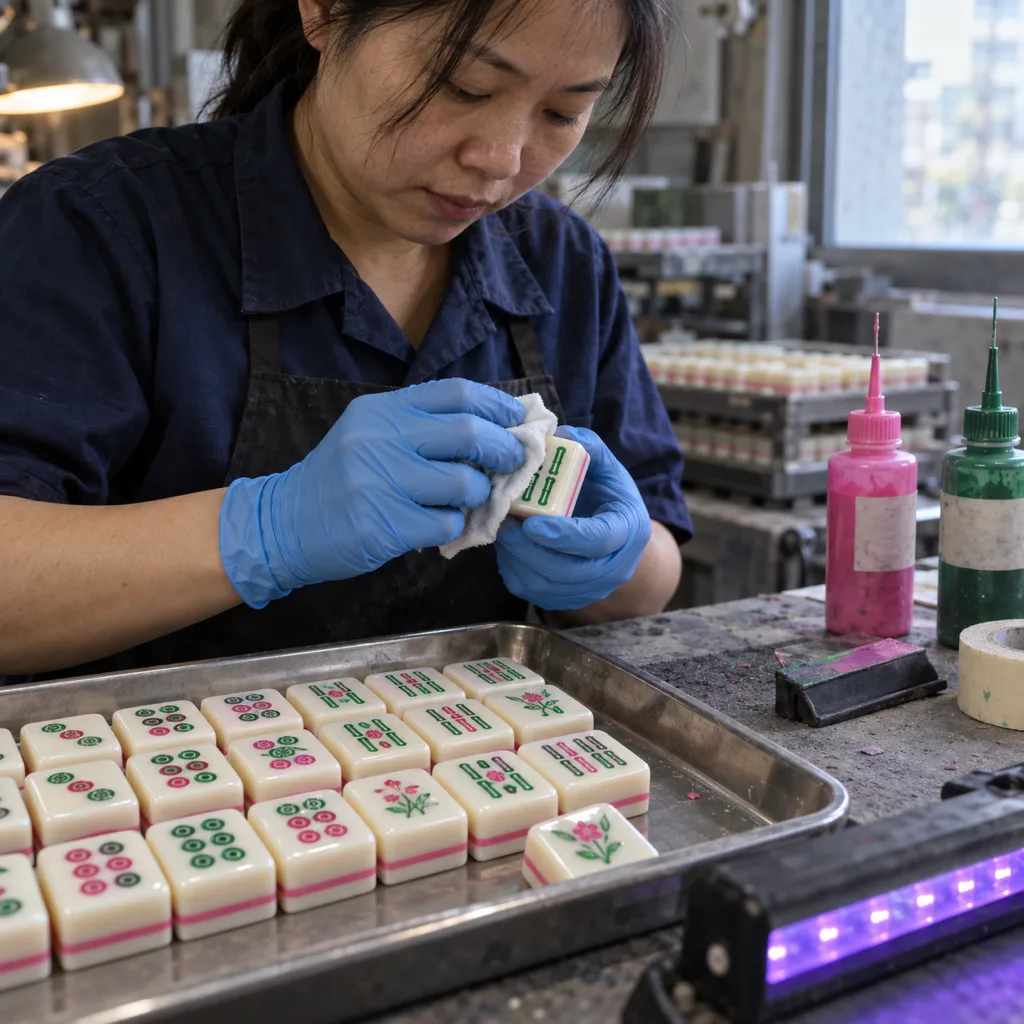Illustration of an operator applying color to an engraved mahjong tile