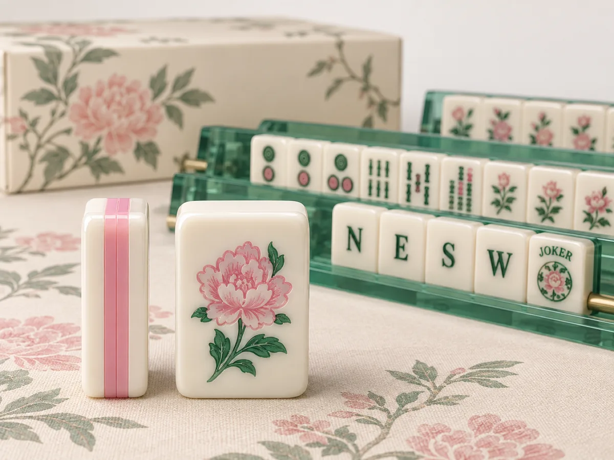 Two ivory tiles in front, one turned to show pink layer stripes on the edge and one with a pink peony face, green racks and a printed box behind