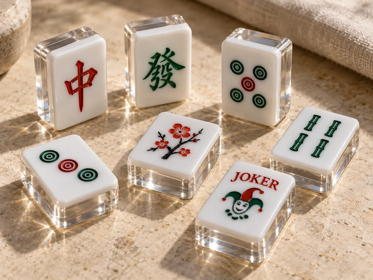 Clear cast acrylic mahjong tiles with engraved, color-filled faces showing the transparent body