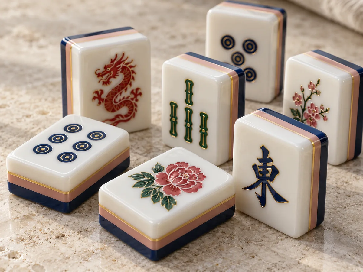 Multi-layer acrylic mahjong tiles turned edge-on to show three and four bonded color layers