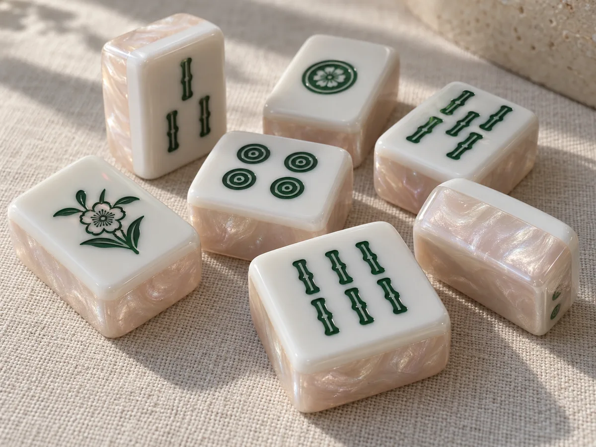 Pearl-white acrylic mahjong tiles with a pearlescent sheen and engraved colored faces