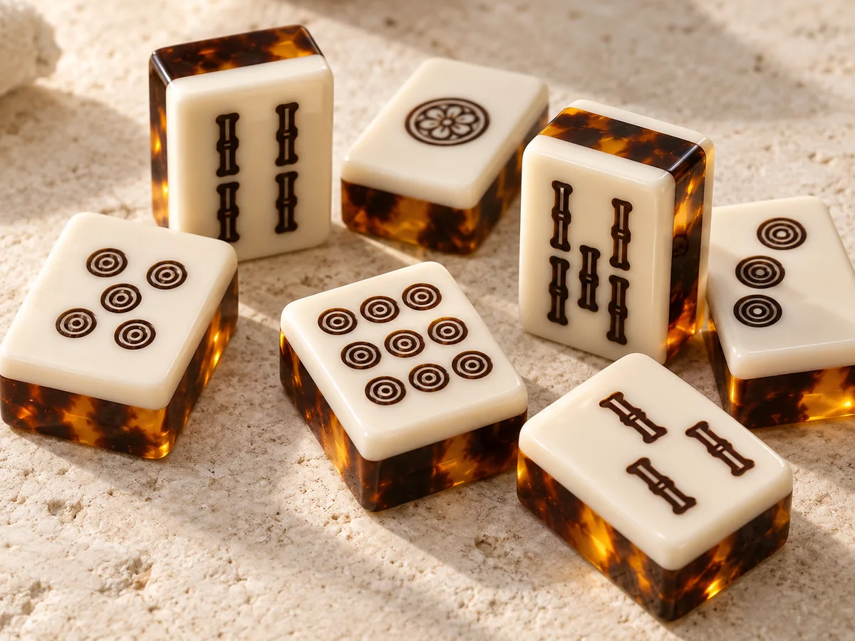 Acrylic mahjong tiles with ivory faces and tortoiseshell-pattern acrylic back layers