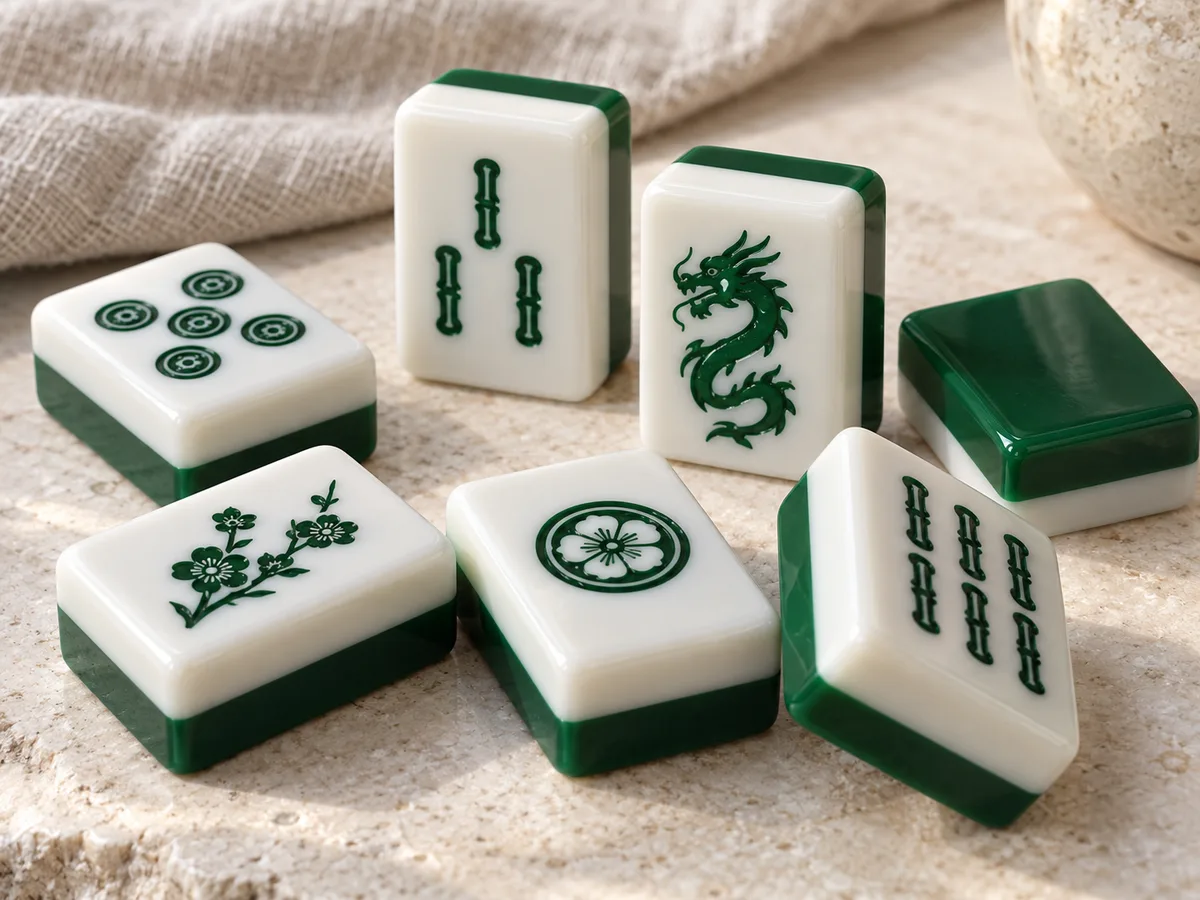 Two-layer acrylic mahjong tiles with ivory faces bonded to contrasting colored backs