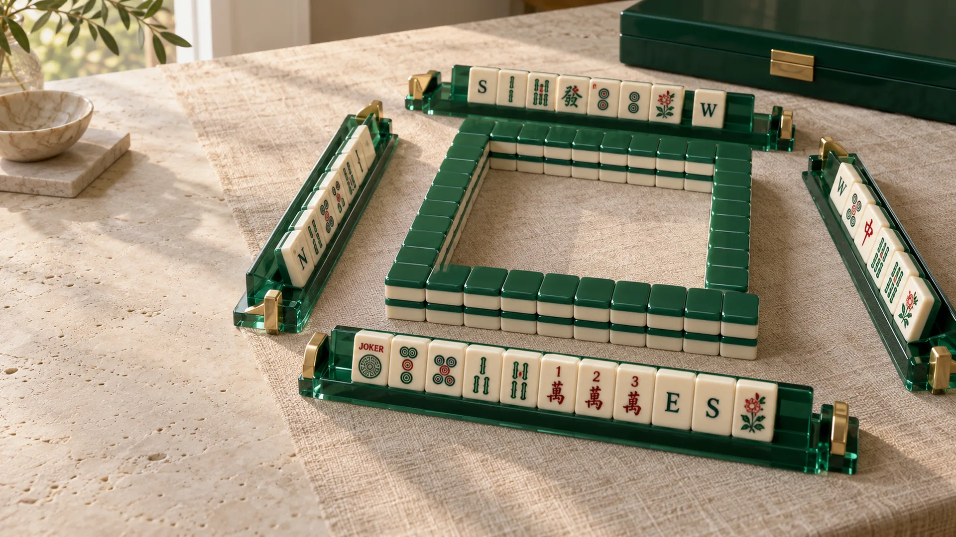 Custom acrylic American mahjong set with two-layer tiles on matching racks, a printed mat and a closed tile case