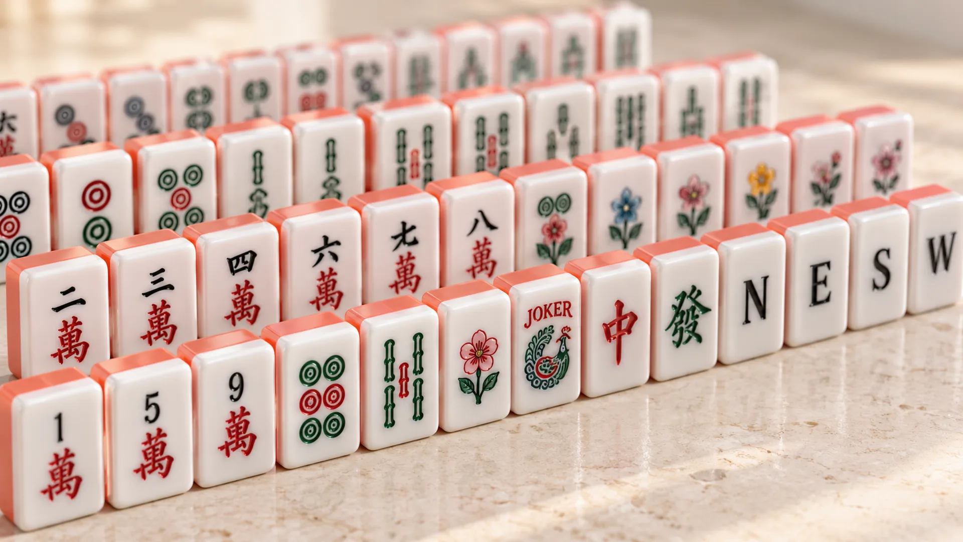 Custom acrylic American mahjong tiles with two-layer cast acrylic bodies, colored backs and engraved, color-filled faces