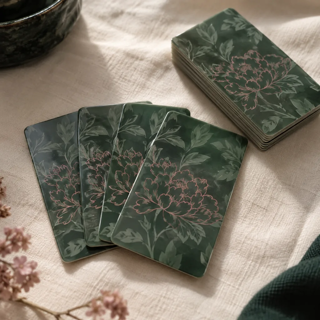 Thin botanical-backed shuffler cards fanned beside a stack