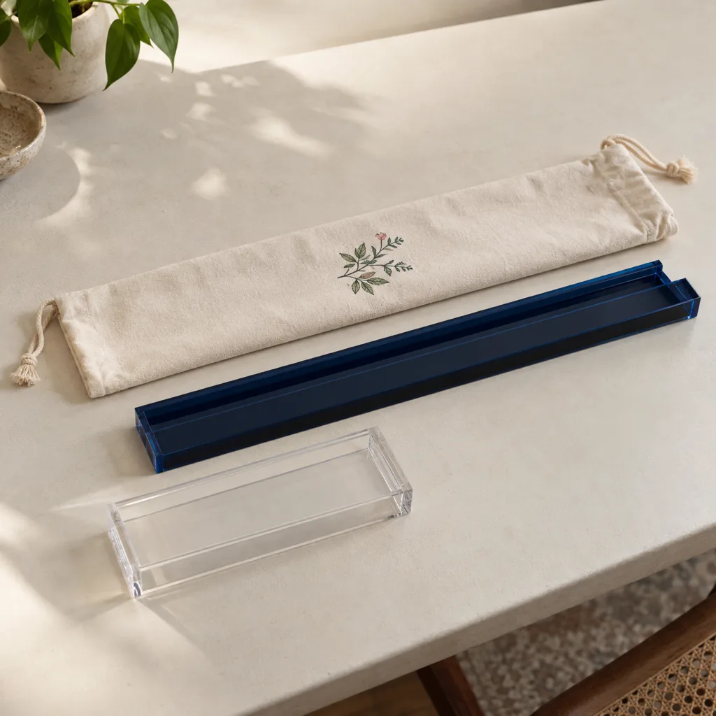 An empty clear acrylic case beside a navy rack and a fabric bag longer than the rack