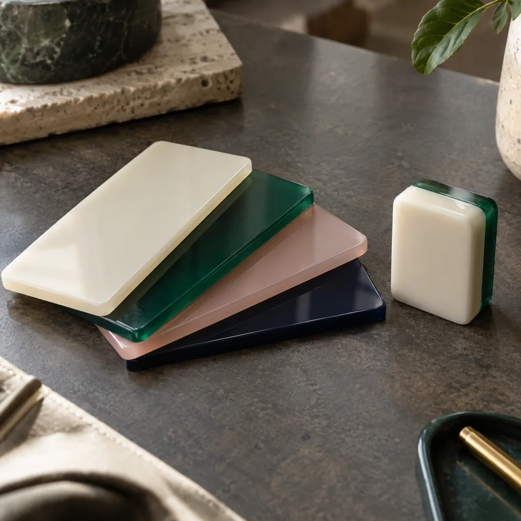 Illustrative acrylic offcuts in cream, jade, blush and navy beside a blank tile; not stock color references