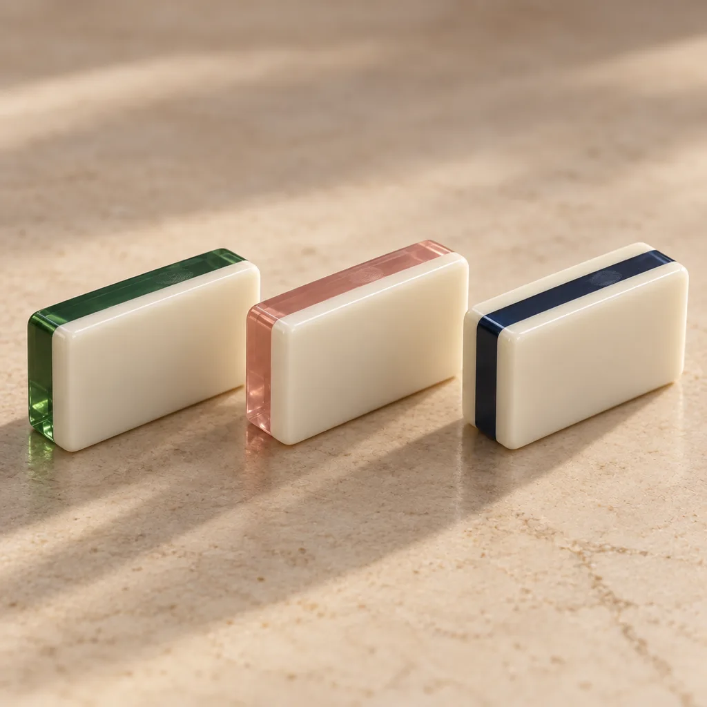Three illustrative blank acrylic tile bodies showing two-layer and three-layer constructions