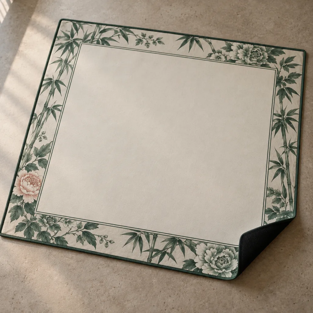 Cream botanical-border mahjong mat with one corner folded to reveal its black backing