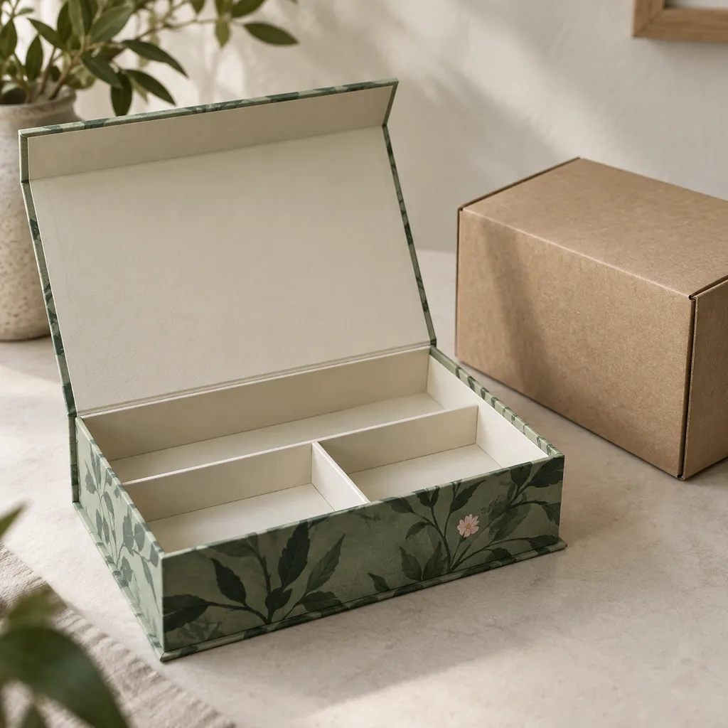 Illustrative open paperboard gift box with an empty divided insert beside a closed kraft carton