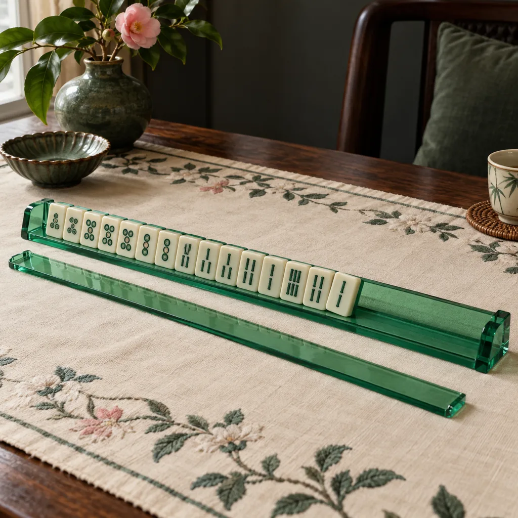 A long jade acrylic rack with a row of small ivory tiles and a separate matching pusher