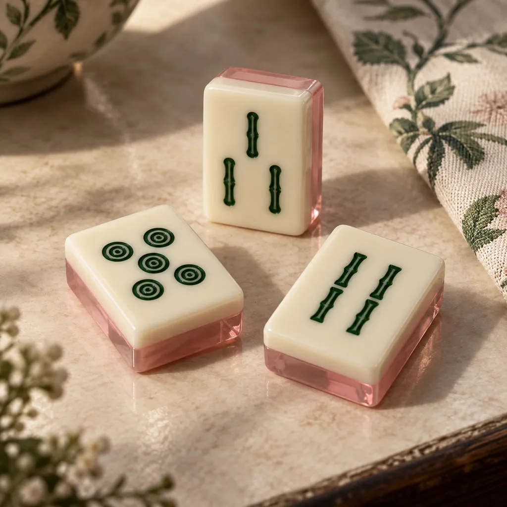 Three illustrative ivory acrylic tiles with pink backs and green faces