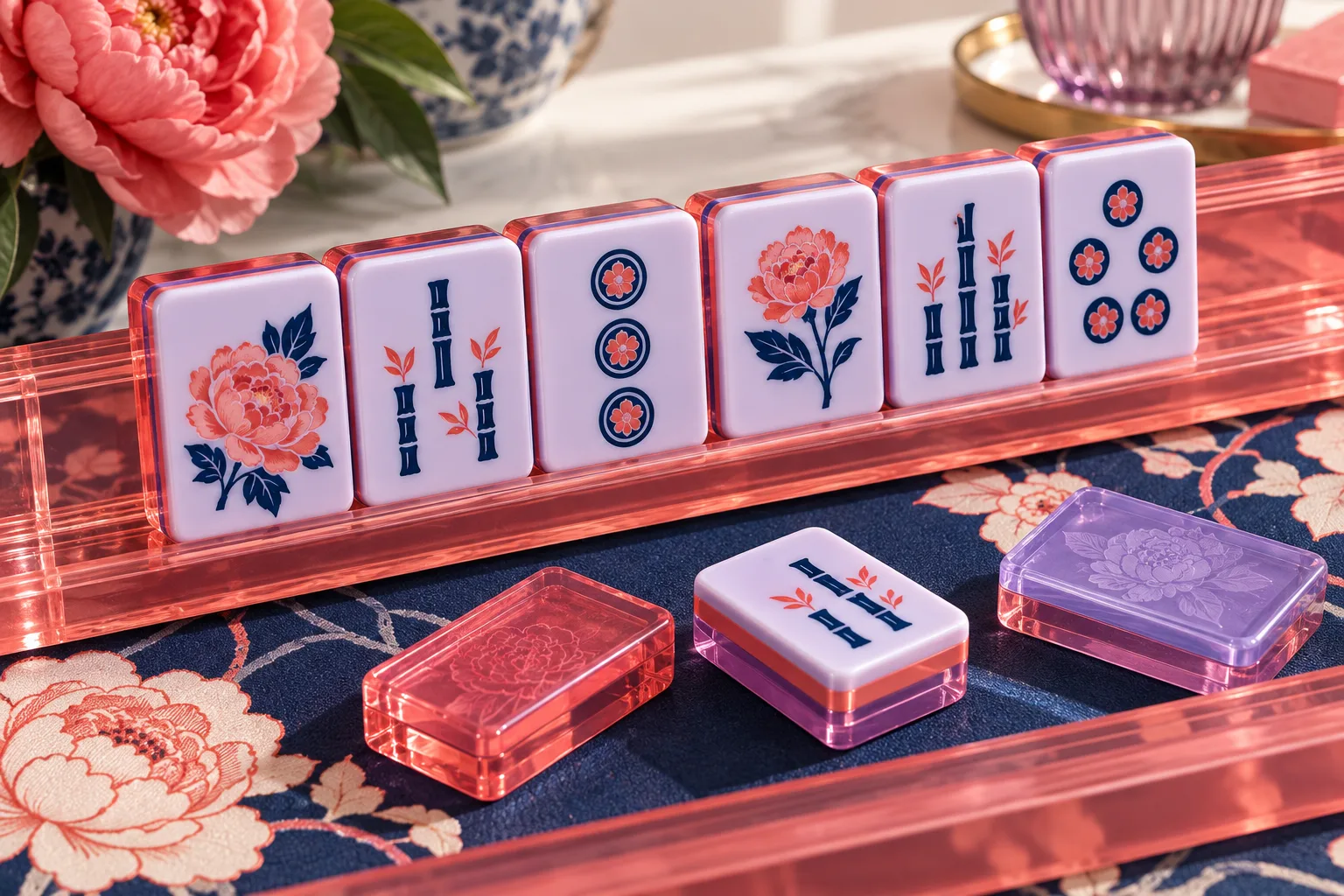 Illustrative coral and lilac layered acrylic mahjong tiles in a coral rack, with a separate pusher on a navy floral mat