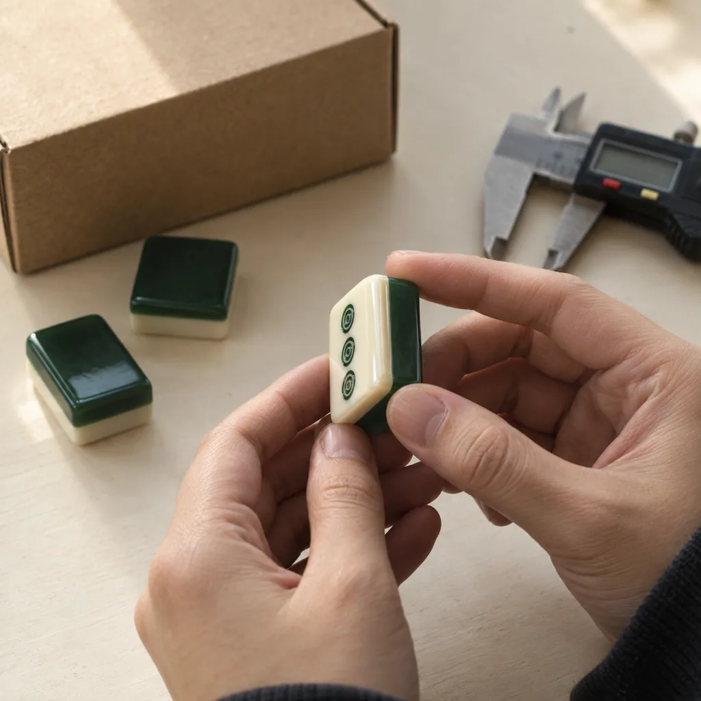 Illustration of hands checking a sample tile beside a caliper and a closed shipping carton