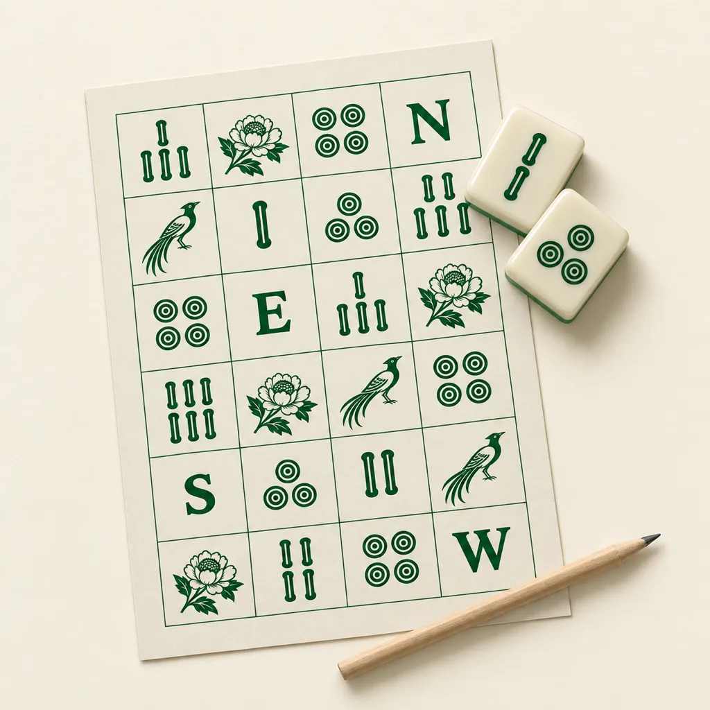 Artwork proof sheet printed with a grid of jade-green mahjong face designs, two ivory sample tiles and a wooden pencil resting on the cream paper